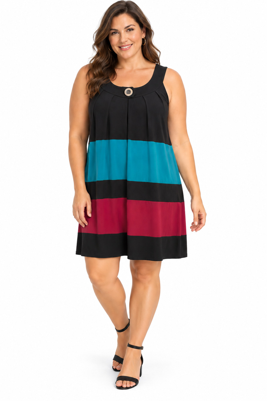 En Focus Studio Jersey Knit Sleeveless Stretch Color Block Teal Black Dress 14